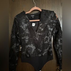 NWT Express Black Textured Lace Bodysuit ,Size S